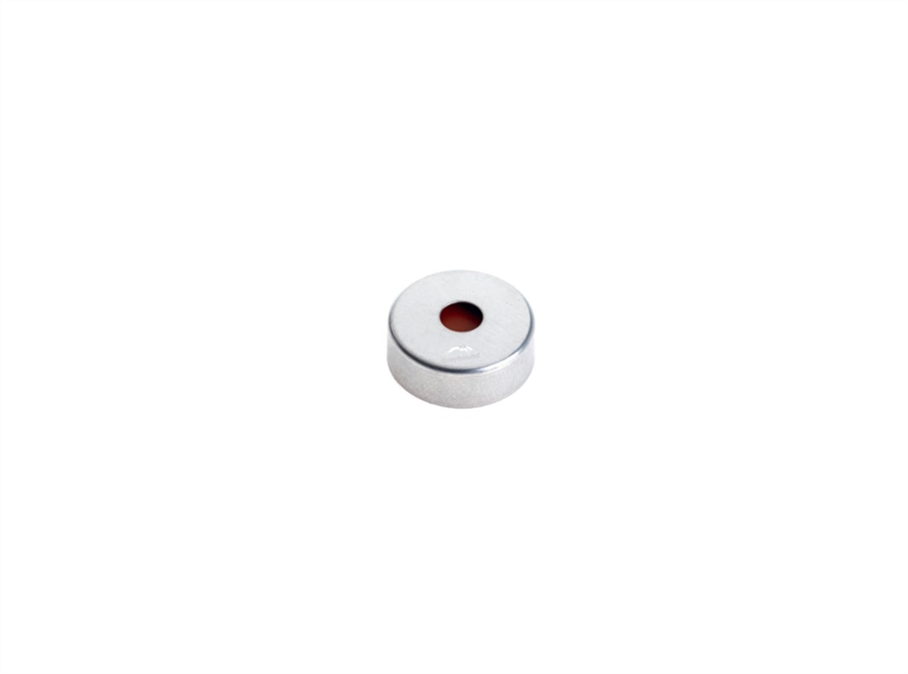 Picture of 20mm Magnetic Crimp Cap, Silver, Open 6mm Hole with PTFE/Red Silicone Septa for HT Analysis (-60°C to 300°C), 3mm, (Shore A 45)